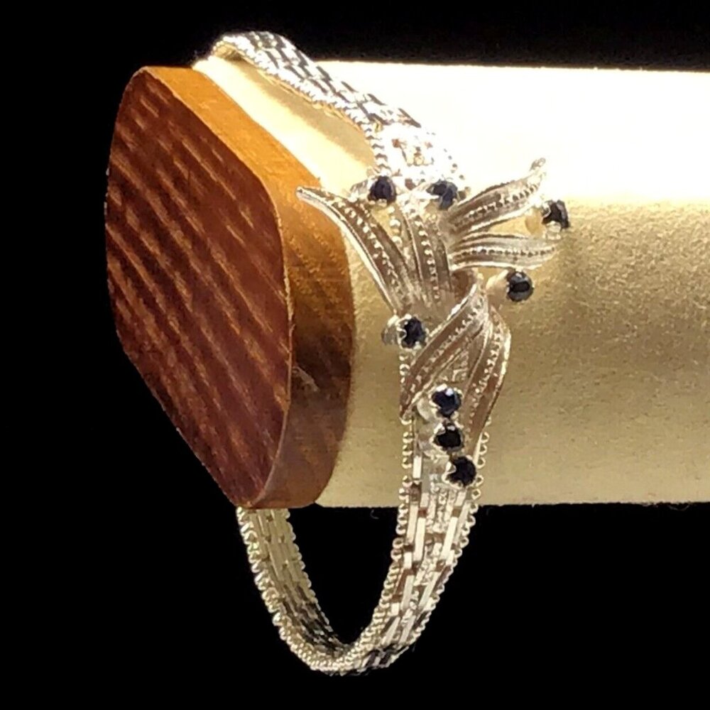 Sterling Silver Diamond Cut Bracelet Art Deco Sapphire Gemstone Design 7.25”